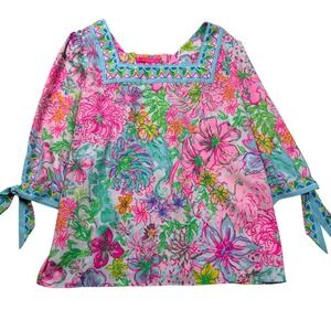Lilly Pulitzer XL Floral Square Neck Tie Sleeve Madge Blouse Pink Blue 004788